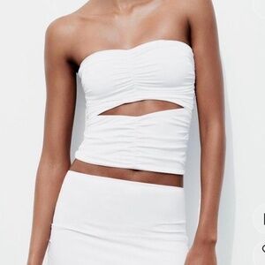 Zara White Set - XS Ruched, Strapless Top & Small Skirt